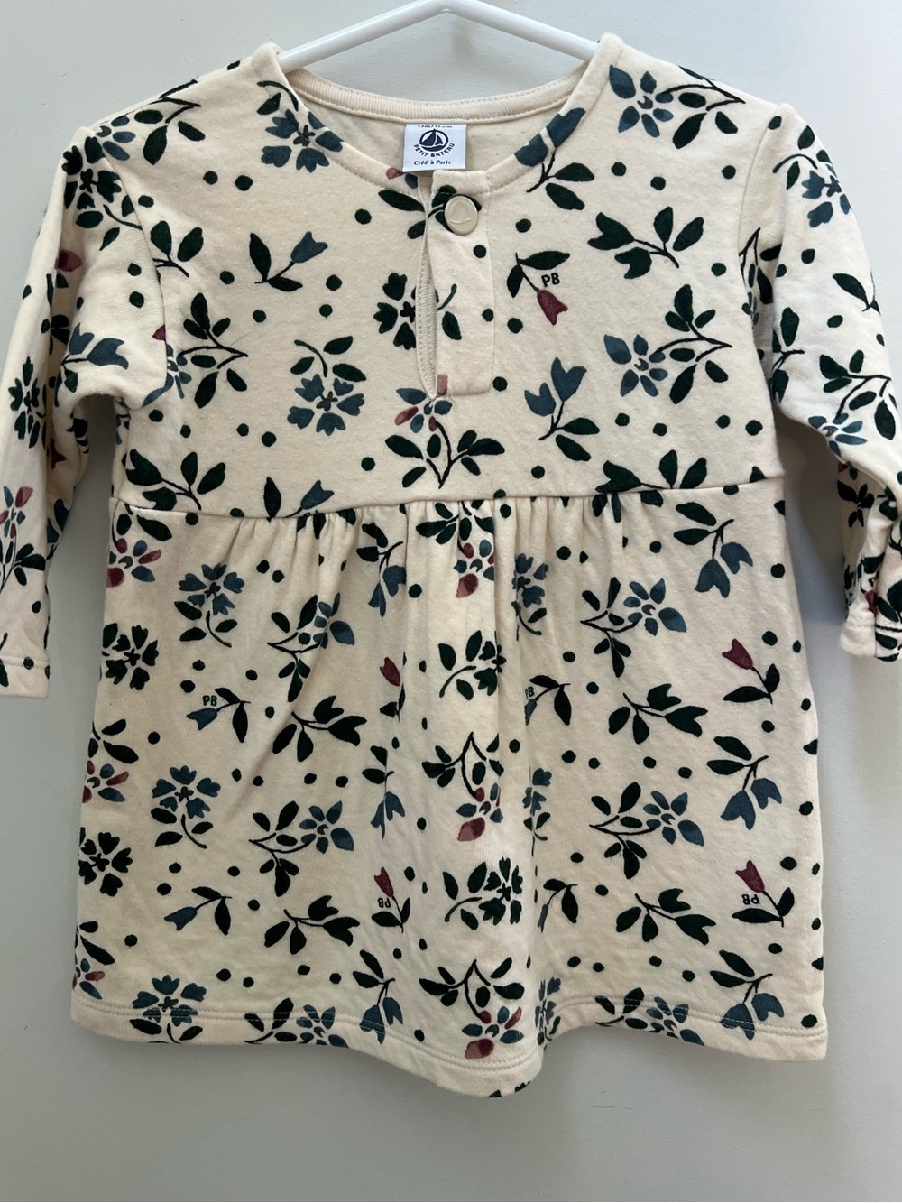 Petit Bateau SOFT Cream Dress with Blue-Green and Pink Floral Print